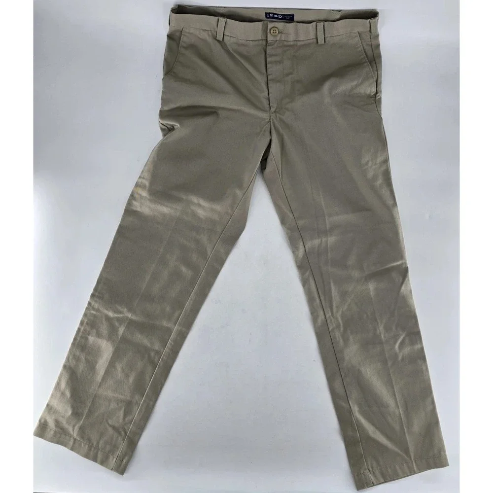 IZOD Slim Fit‎ Straight Leg American Chino Pants Men's 34x32 Tan Flat Front